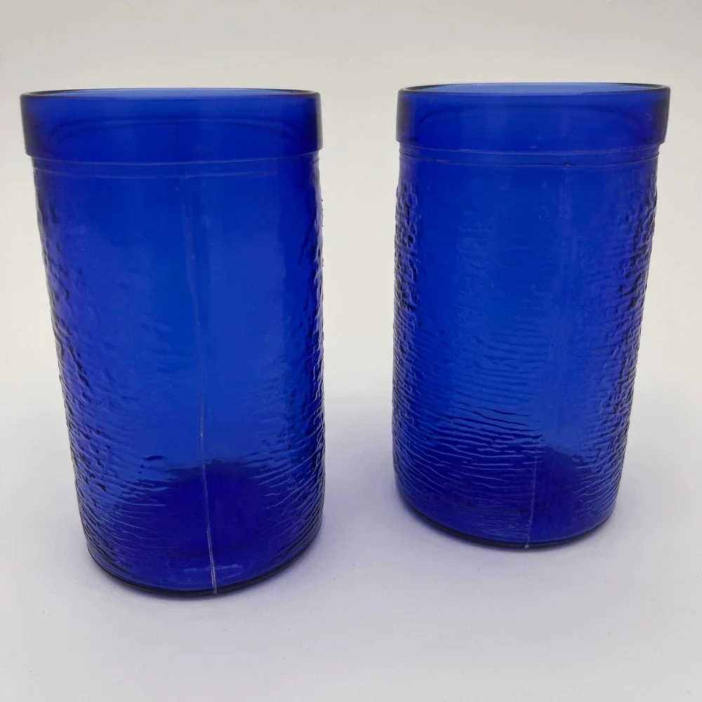 Vintage Cobalt Blue Textured Bark Glass Tumblers Set of 2 Drinking Glasses
